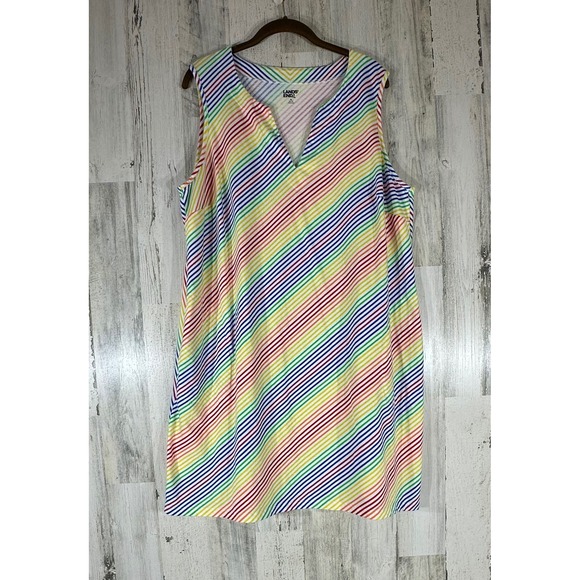 Lands' End Dresses & Skirts - Lands End Shift Dress Plus Size 1X Sleeveless Rainbow Stripe Notch Neck Pockets